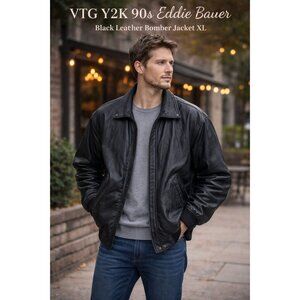 VTG Y2K 90s Eddie Bauer Black Leather Bomber Jacket XL Biker Americana Retro